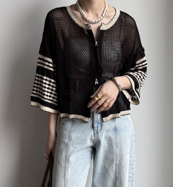  「【WEB限定】バイカラーメッシュカーディガン」|カーディガン|