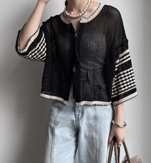  「【WEB限定】バイカラーメッシュカーディガン」|カーディガン|