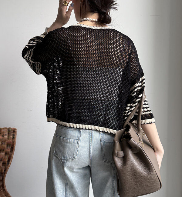  「【WEB限定】バイカラーメッシュカーディガン」|カーディガン|