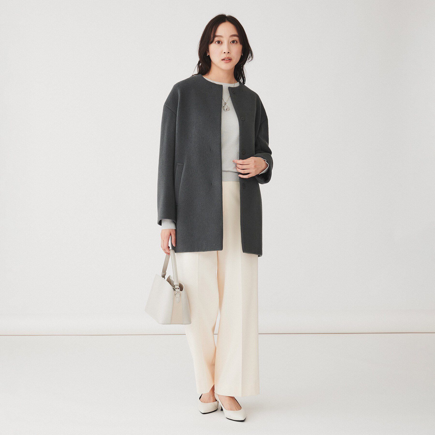 UNTITLED「【日本製】ミディ丈ノーカラーコート」|ノーカラーコート|