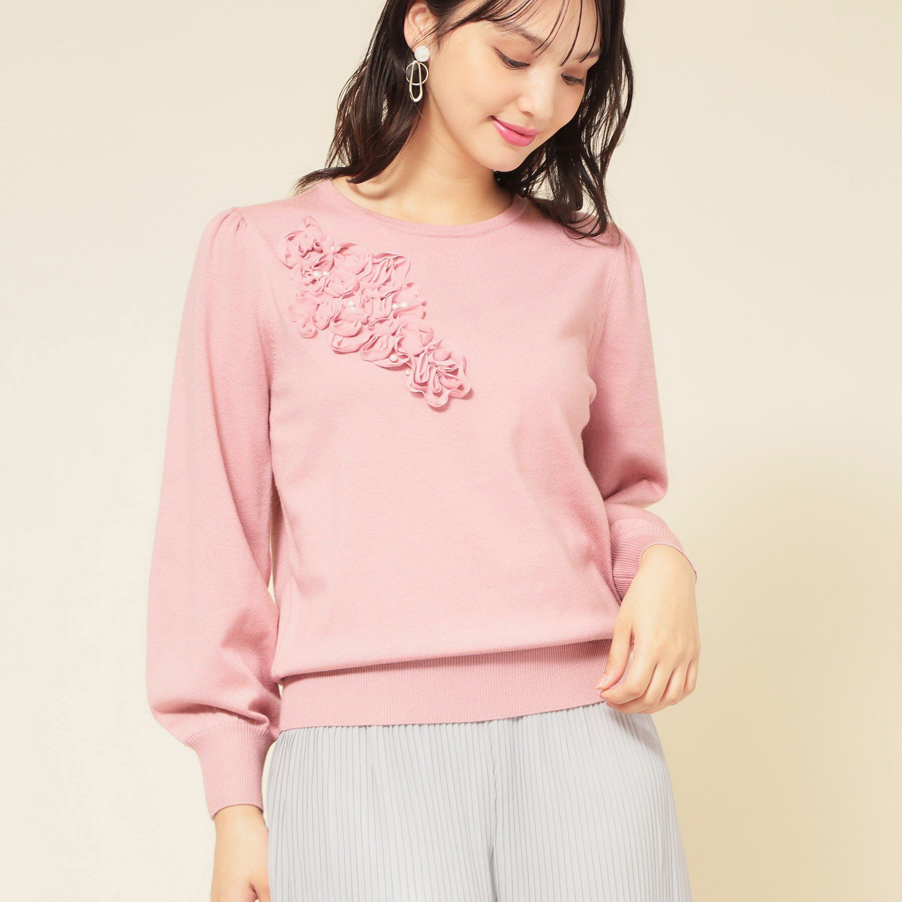 SunaUna「【SS～Lサイズ展開／チュール刺繍】クラフトニット」|ニット・セーター|ライトピンク(070