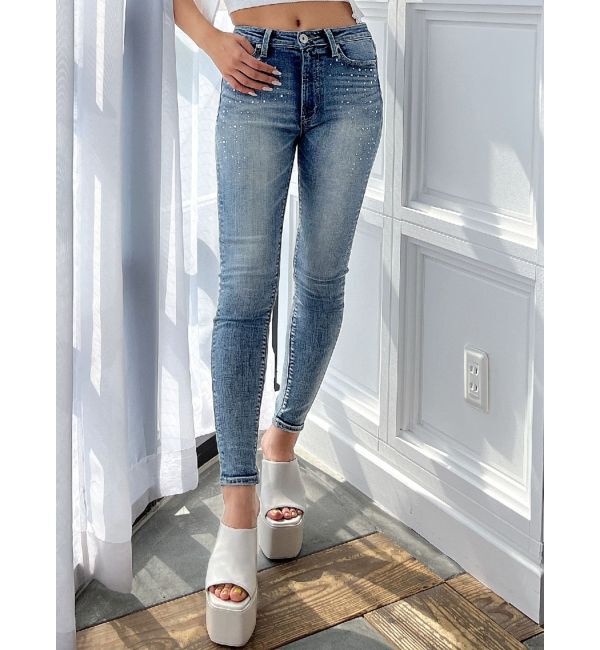 GYDA「ミドルウエストcross point bijou スキニーデニムパンツ」|デニム|ブルー