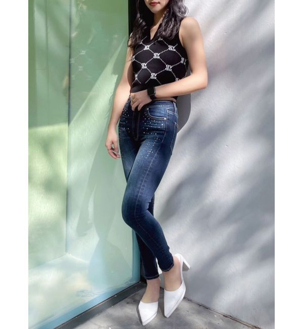 GYDA「ミドルウエストcross point bijou スキニーデニムパンツ」|デニム|