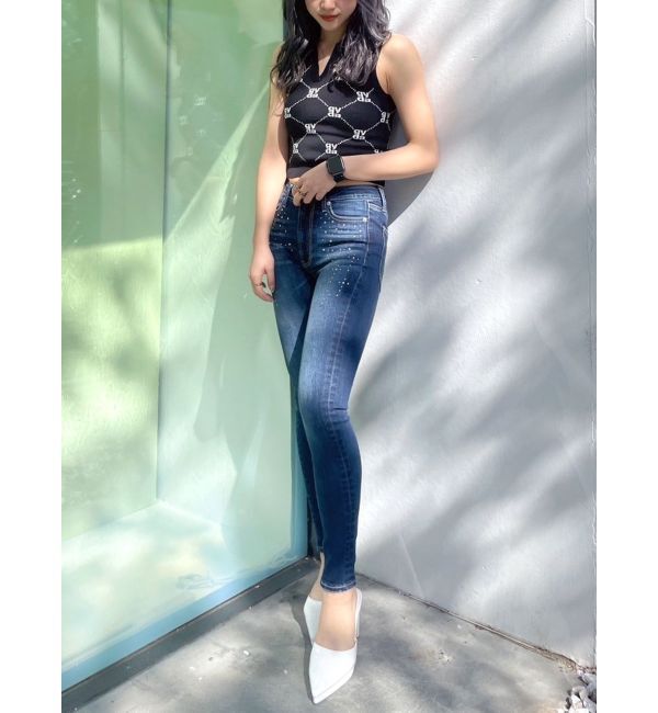 GYDA「ミドルウエストcross point bijou スキニーデニムパンツ」|デニム|