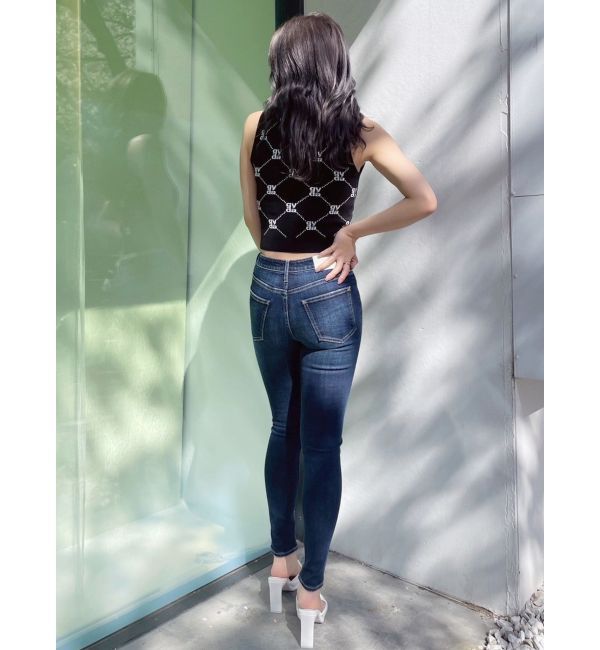 GYDA「ミドルウエストcross point bijou スキニーデニムパンツ」|デニム|