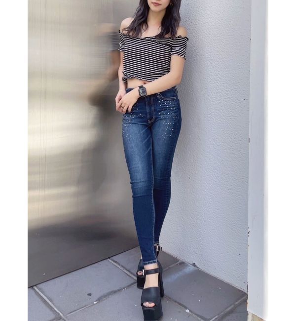 GYDA「ミドルウエストcross point bijou スキニーデニムパンツ」|デニム|