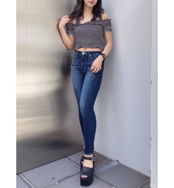 GYDA「ミドルウエストcross point bijou スキニーデニムパンツ」|デニム|