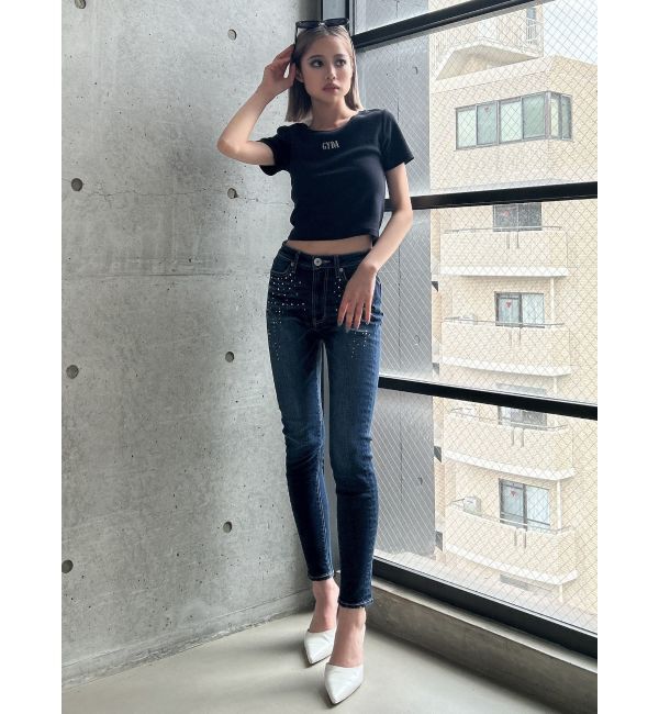 GYDA「ミドルウエストcross point bijou スキニーデニムパンツ」|デニム|