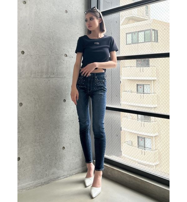 GYDA「ミドルウエストcross point bijou スキニーデニムパンツ」|デニム|