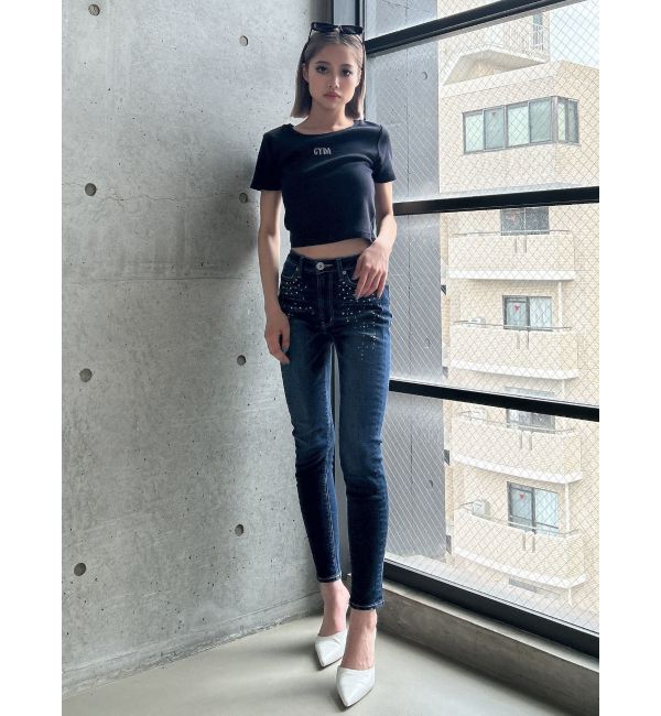 GYDA「ミドルウエストcross point bijou スキニーデニムパンツ」|デニム|