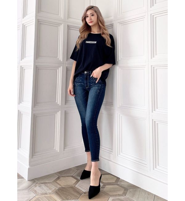 GYDA「ミドルウエストcross point bijou スキニーデニムパンツ」|デニム|