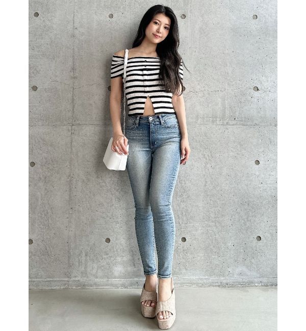 GYDA「ミドルウエストcross point bijou スキニーデニムパンツ」|デニム|