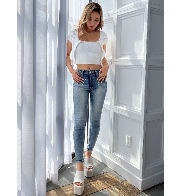 GYDA「ミドルウエストcross point bijou スキニーデニムパンツ」|デニム|