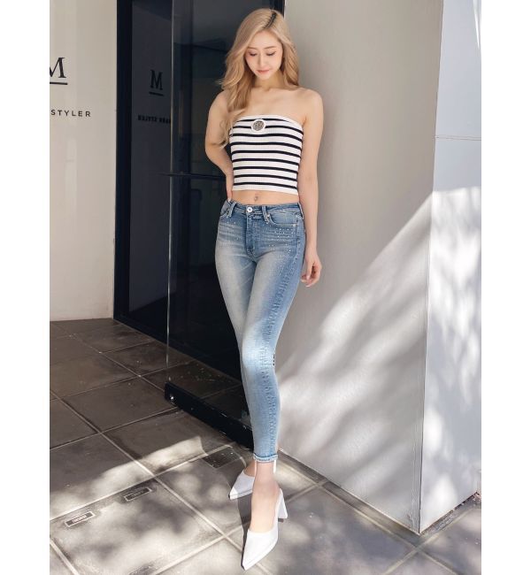 GYDA「ミドルウエストcross point bijou スキニーデニムパンツ」|デニム|