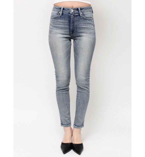 GYDA「ミドルウエストcross point bijou スキニーデニムパンツ」|デニム|