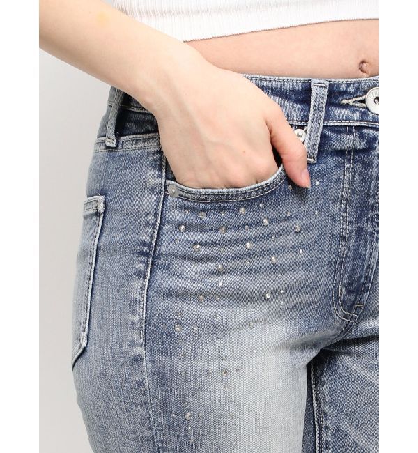 GYDA「ミドルウエストcross point bijou スキニーデニムパンツ」|デニム|