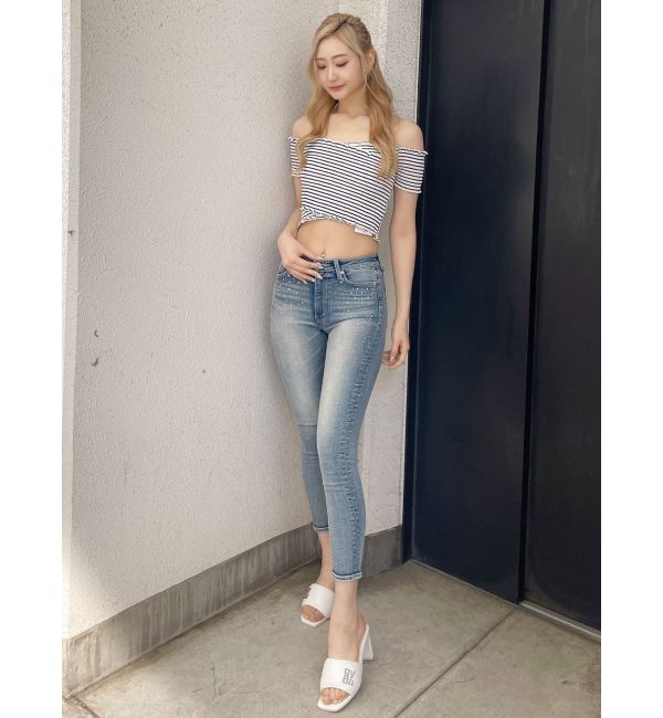 GYDA「ミドルウエストcross point bijou スキニーデニムパンツ」|デニム|