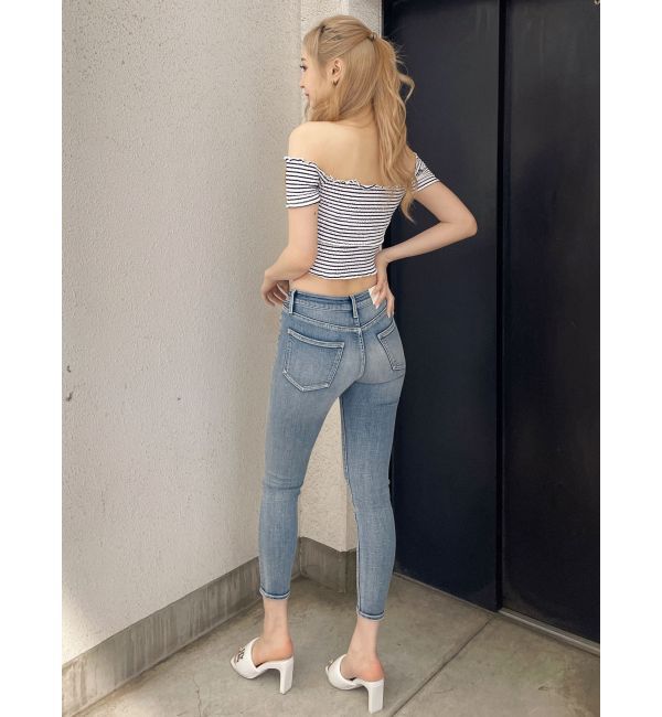 GYDA「ミドルウエストcross point bijou スキニーデニムパンツ」|デニム|