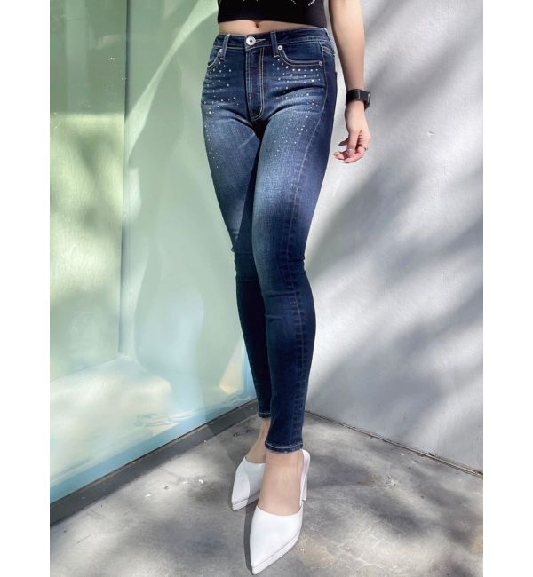 GYDA「ミドルウエストcross point bijou スキニーデニムパンツ」|デニム|インディゴ