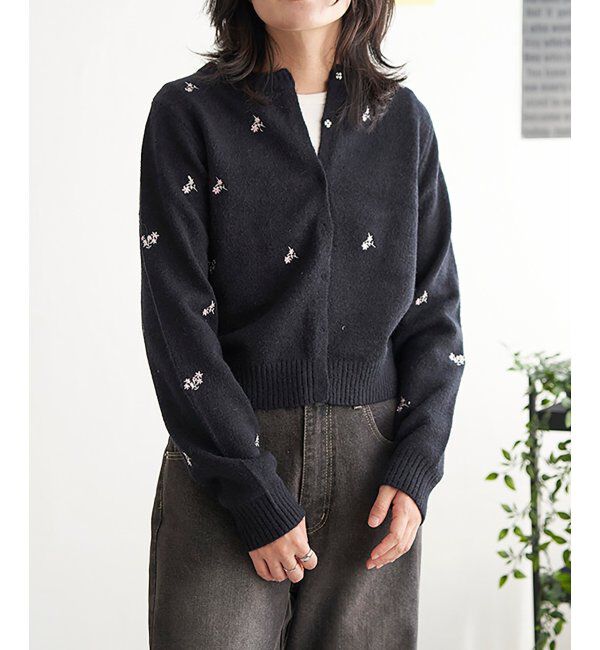 VENCE share style「アルパカタッチフラワー刺繍カーディガン」|カーディガン|ブラック