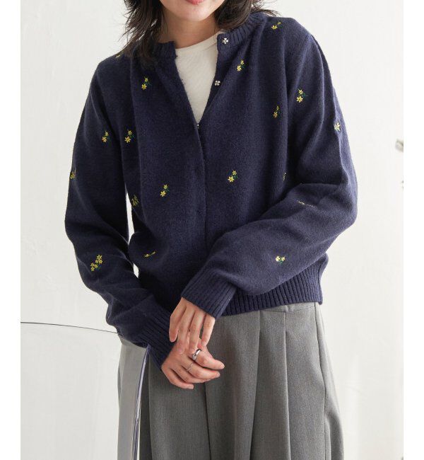 VENCE share style「アルパカタッチフラワー刺繍カーディガン」|カーディガン|ネイビーブルー