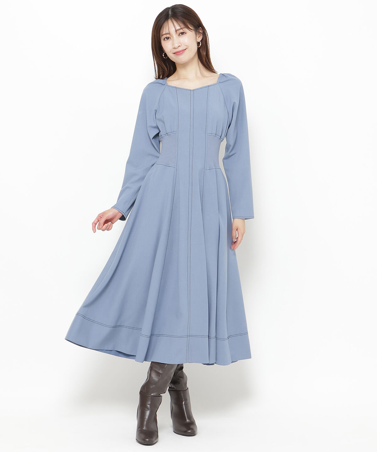 アンドクチュール「ウエストリブ配色ステッチワンピース」|ワンピース|