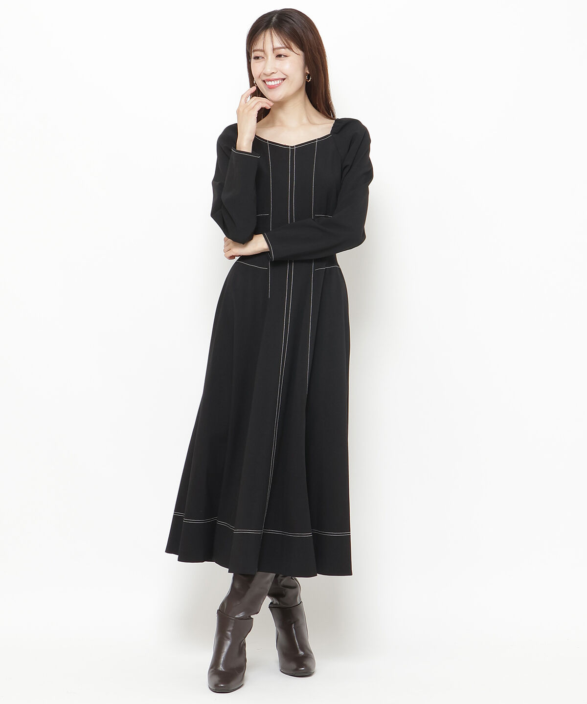 アンドクチュール「ウエストリブ配色ステッチワンピース」|ワンピース|ブラック