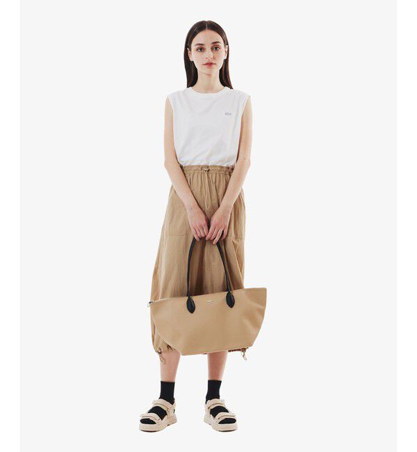 LACOSTE「異素材切り替え バルーンシルエット コンビネーションノースリーブドレス ワンピース」|ワンピース|