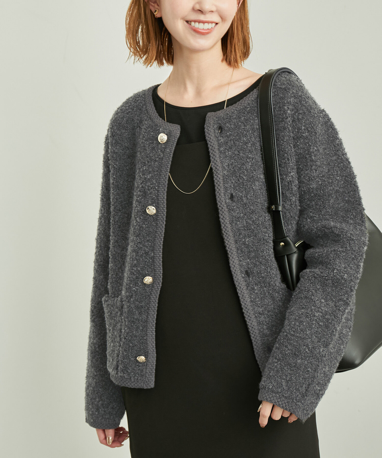 Rope&rsquo;Picnic「リンクコーデ/ループ編みゴールドボタンニットカーディガン」|カーディガン|チャコール(06)