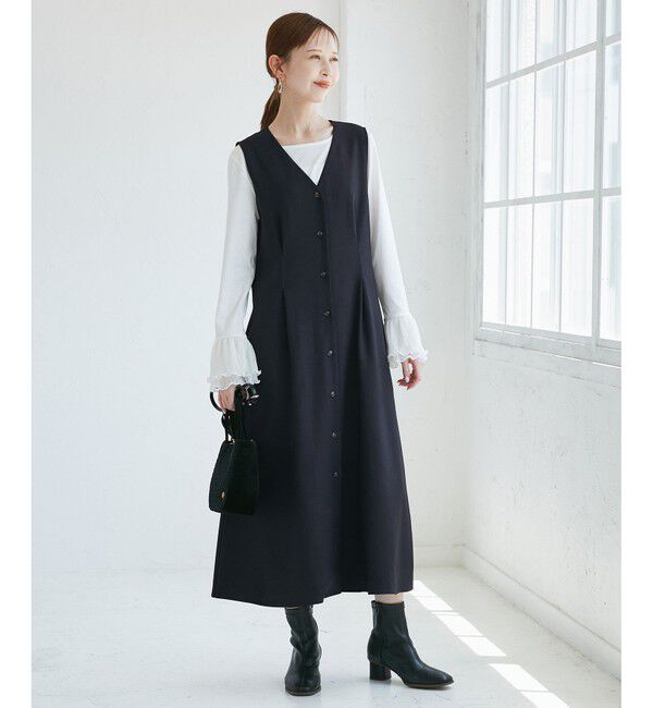 Rope&rsquo;Picnic「レディハンサムシリーズ ウールライクウエストタックジャンパースカート/セットアップ対応」|ワンピース|ネイビー(40)