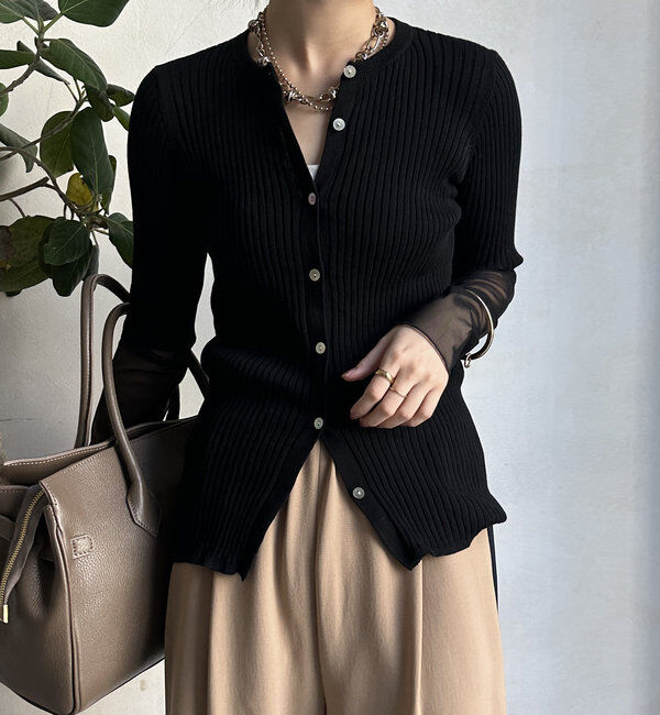  「【WEB限定】袖シアーリブカーディガン」|カーディガン|ブラック