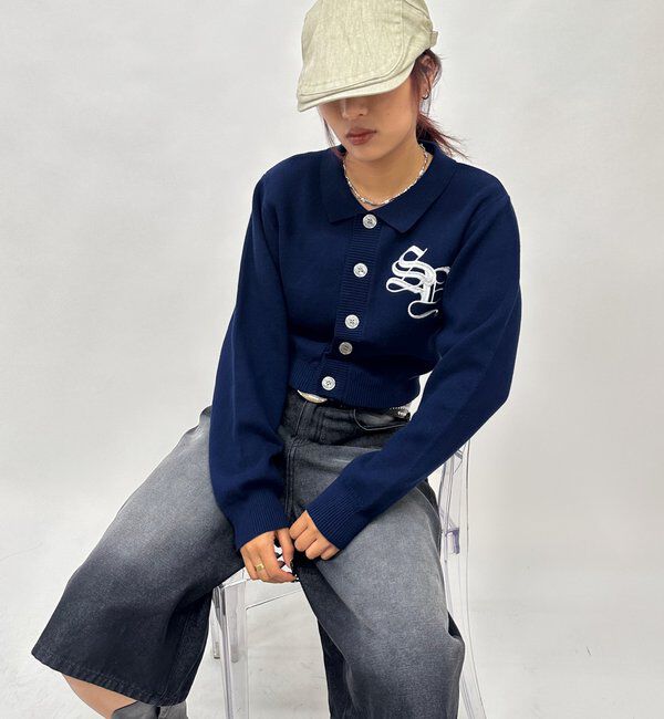  「【SLOPPY/スロッピー】SLOPPY 刺繍カーデ」|カーディガン|ネイビー