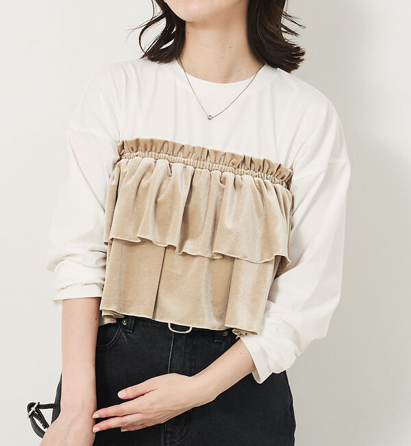 abahouse mavie「【WEB Domani掲載】ベロアビスチェ付ロンT」|Tシャツ・カットソー|ベージュ