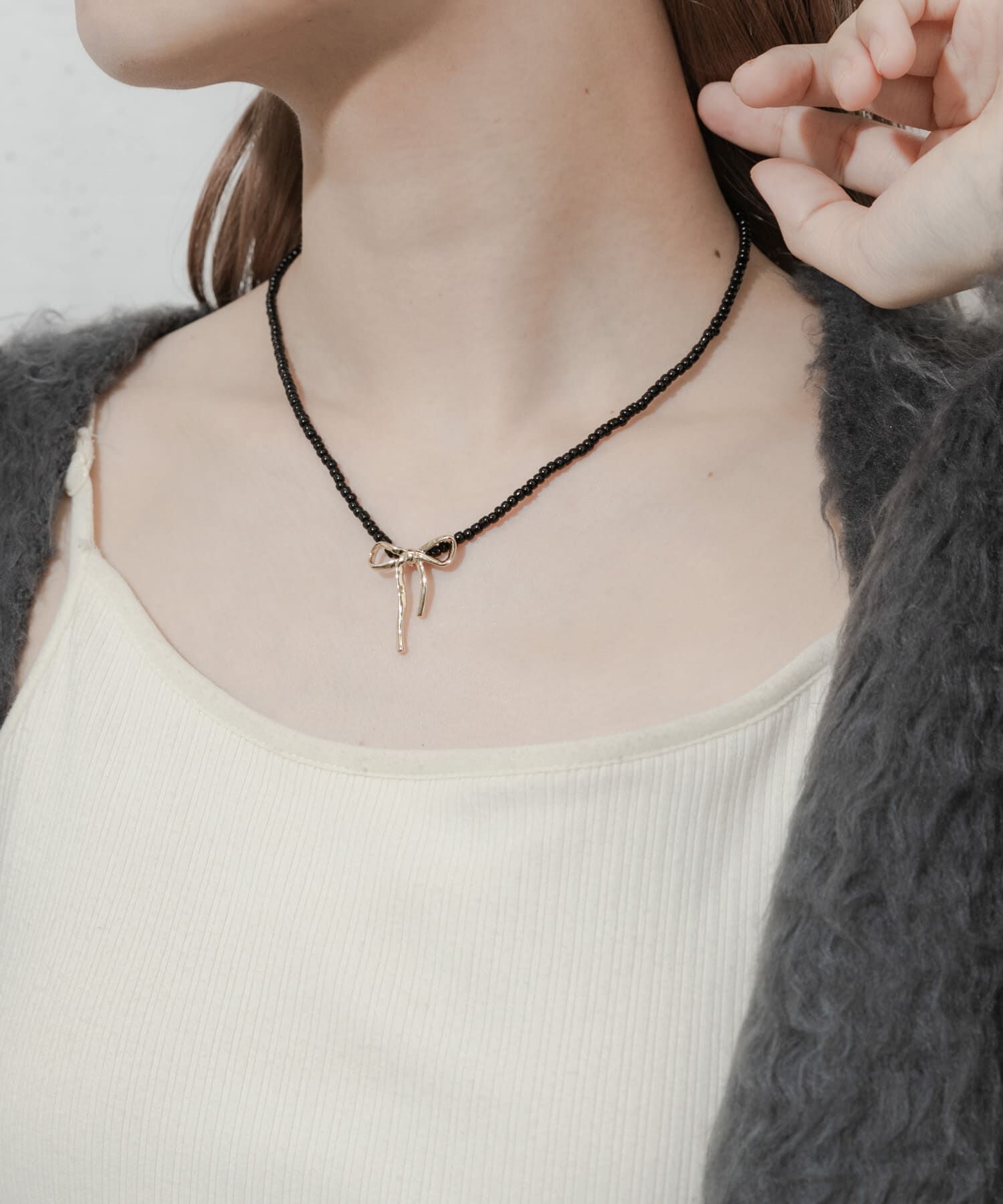 SMELLY「ビーズメタルリボントップネックレス」|ネックレス|