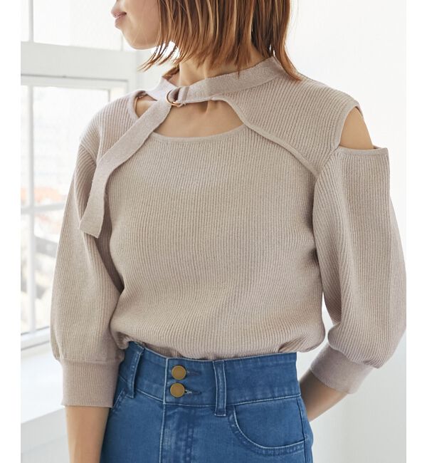 MAJESTICLEGON「シャイニーオープンデザインニット」|ニット・セーター|ピンクベージュ