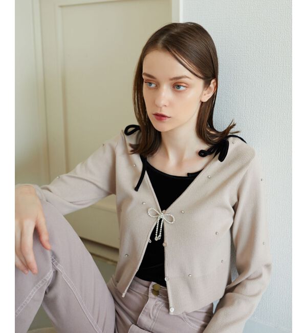 MAJESTICLEGON「リボンブローチセットビジューカーデ」|カーディガン|