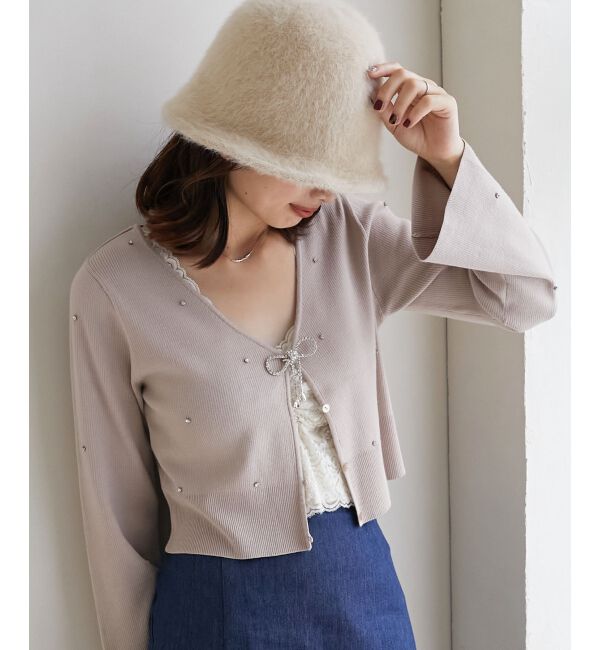 MAJESTICLEGON「リボンブローチセットビジューカーデ」|カーディガン|