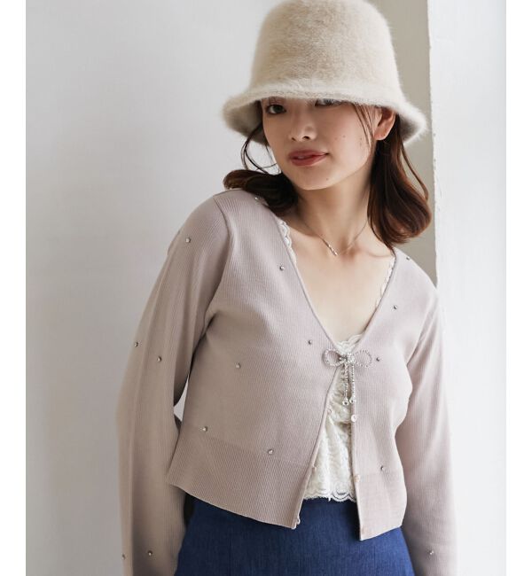 MAJESTICLEGON「リボンブローチセットビジューカーデ」|カーディガン|