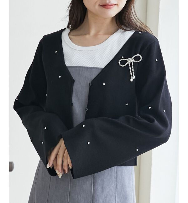 MAJESTICLEGON「リボンブローチセットビジューカーデ」|カーディガン|