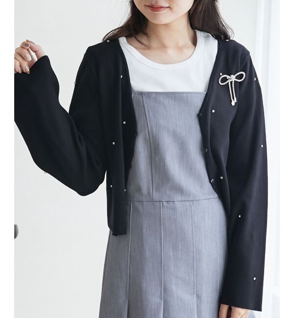 MAJESTICLEGON「リボンブローチセットビジューカーデ」|カーディガン|