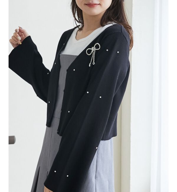 MAJESTICLEGON「リボンブローチセットビジューカーデ」|カーディガン|