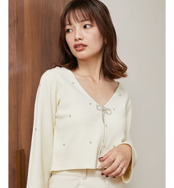 MAJESTICLEGON「リボンブローチセットビジューカーデ」|カーディガン|