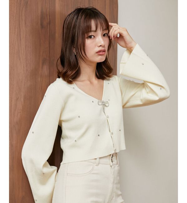 MAJESTICLEGON「リボンブローチセットビジューカーデ」|カーディガン|