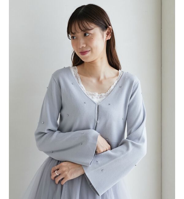 MAJESTICLEGON「リボンブローチセットビジューカーデ」|カーディガン|グレー