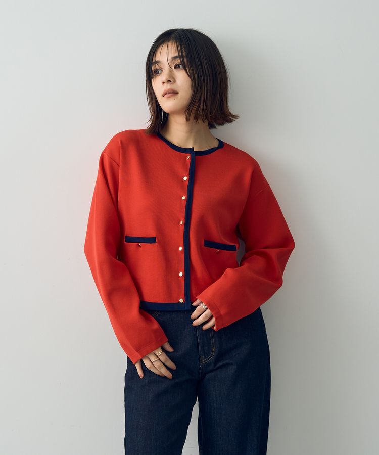 YECCA VECCA「配色トリミングニットジャケット」|カーディガン|Red
