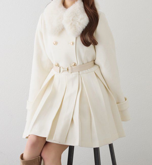 「ウエストベルト付きフェイクファー襟ミドルコート」|その他|アイボリー