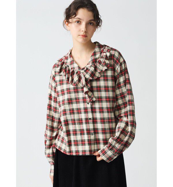 mizuiro ind「mizuiro ind チェックフリルカラーシャツ」|シャツ・ブラウス|アイボリー