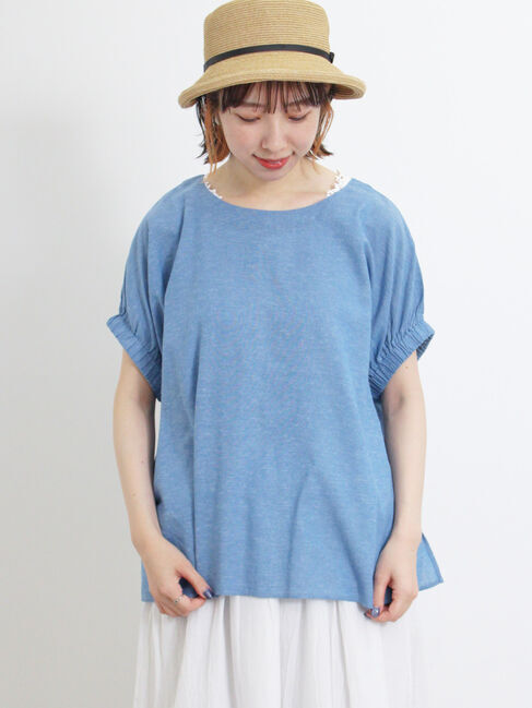 Samansa Mos2「袖口ギャザーTブラウス」|シャツ・ブラウス|ブルー