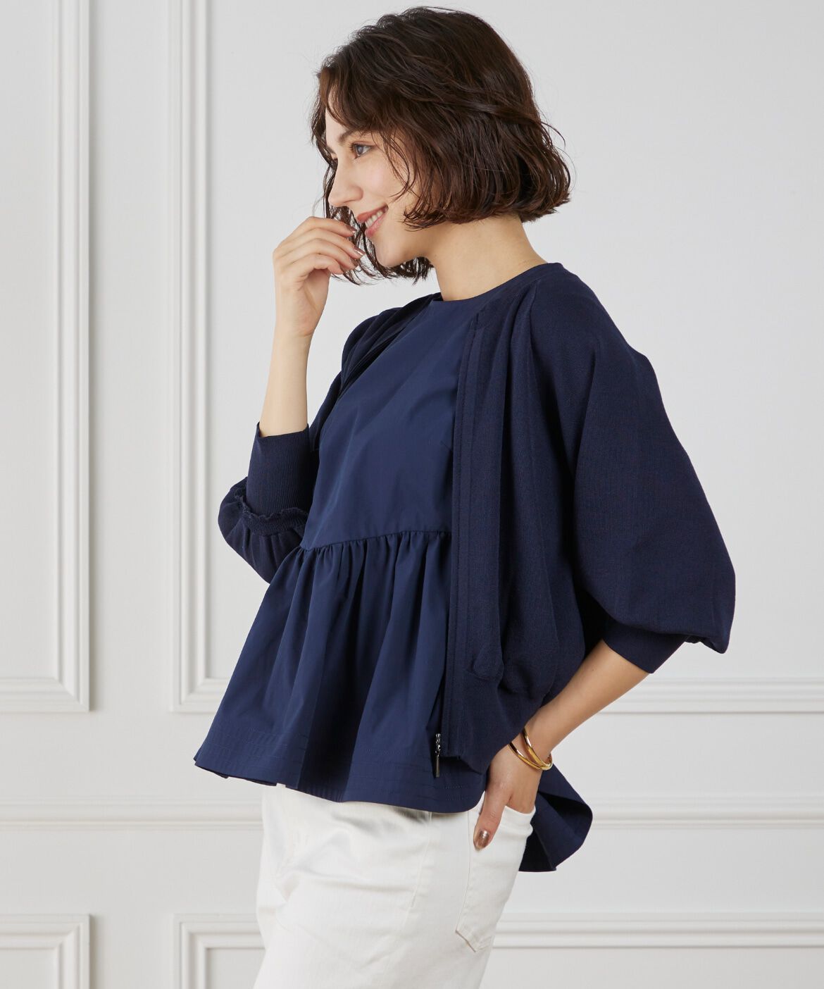 Maglie le cassetto「フリルスリーブジップカーディガン」|カーディガン|ネイビー