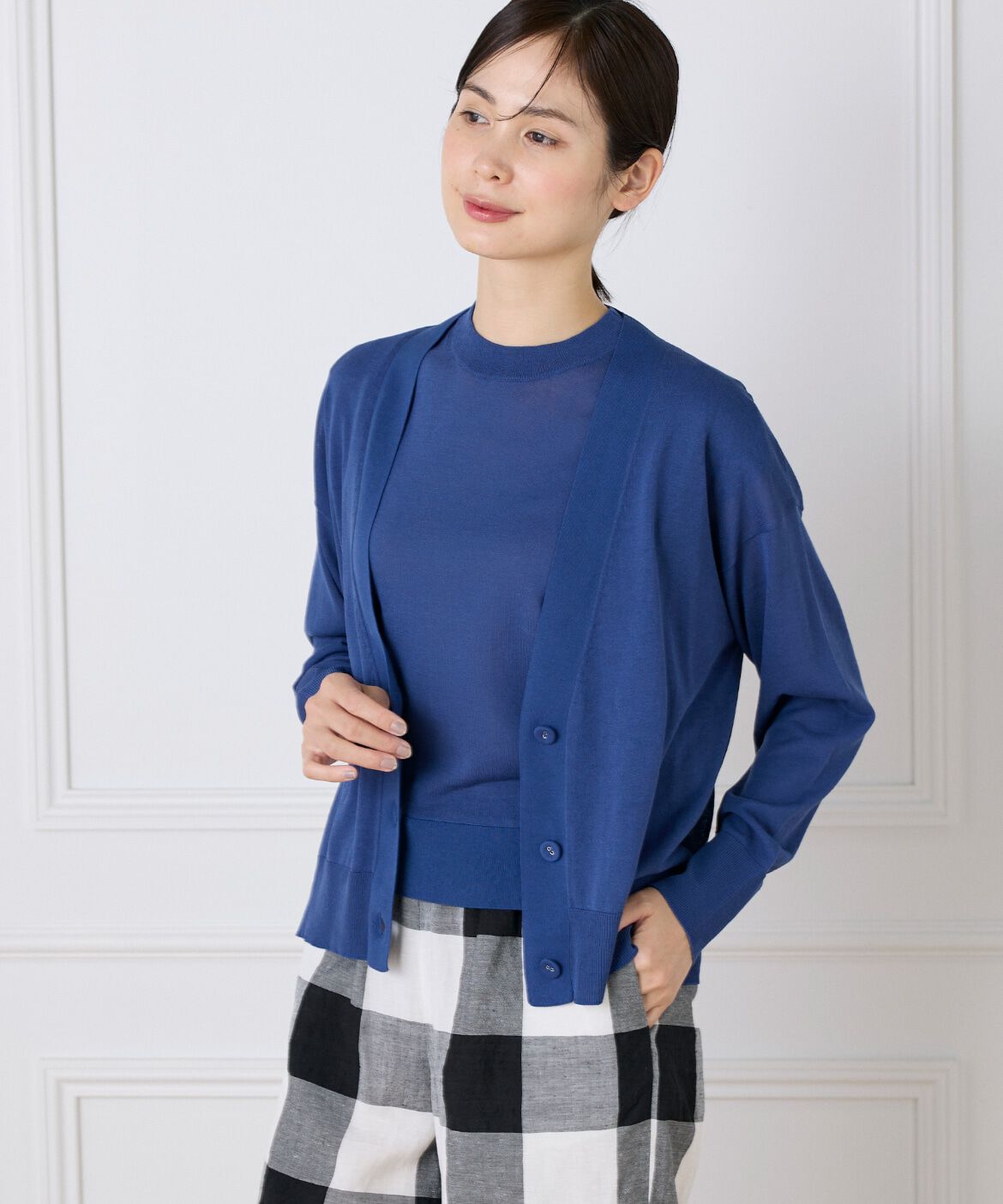 7-IDconcept.「コットンナイロンVネックカーディガン」|カーディガン|ブルー1